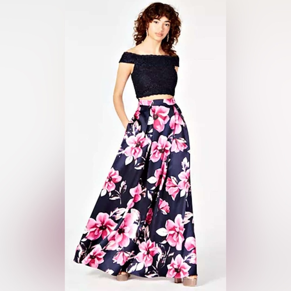 Floral navy and fuschia prom dress, new.